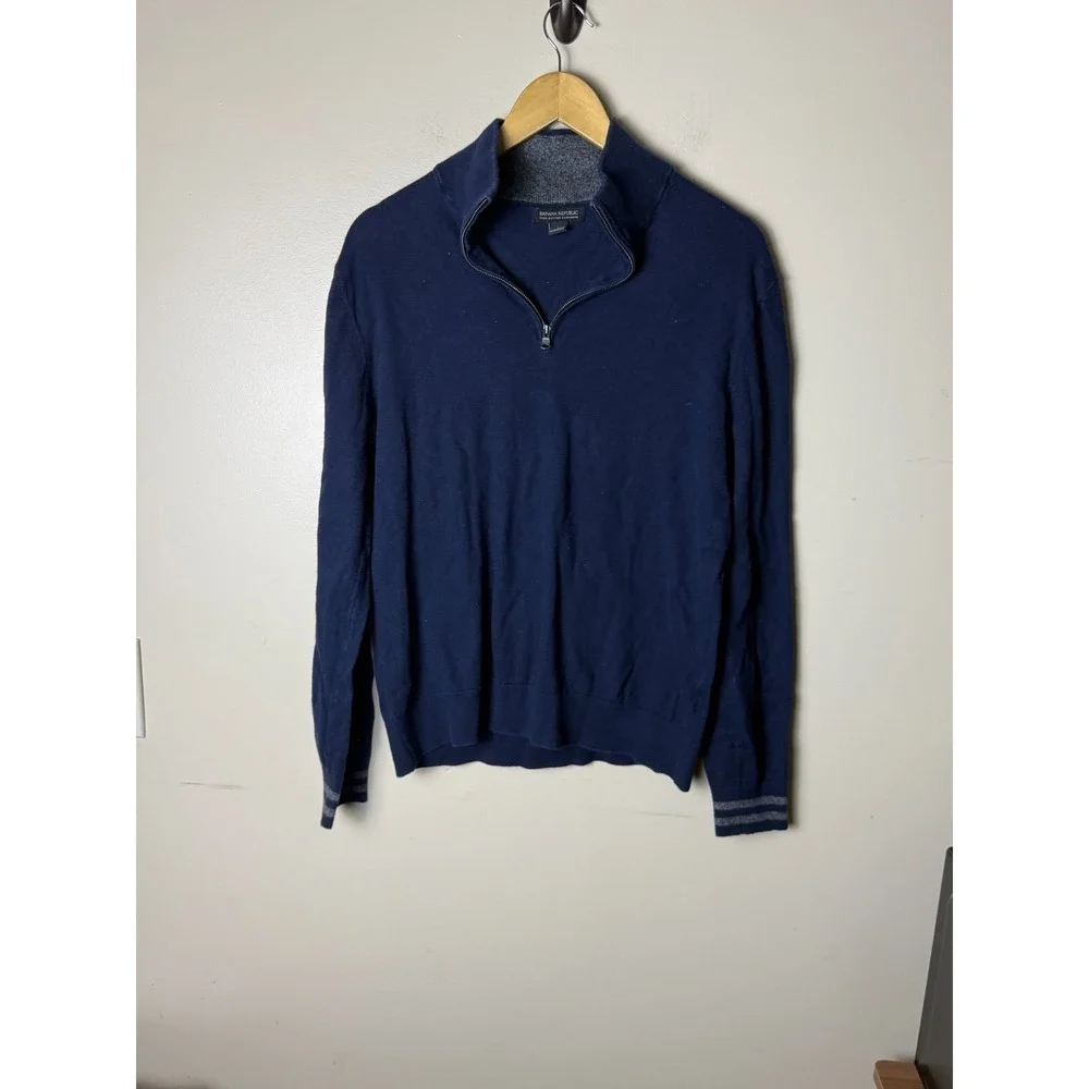 Banana Republic 1/4 Zip Mock Neck Sweater Cotton Cashmere Mens L Blue